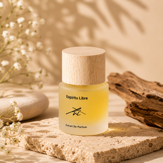 Perfume bottle labeled 'Espiritu Libre' on a natural stone surface with plants in the background