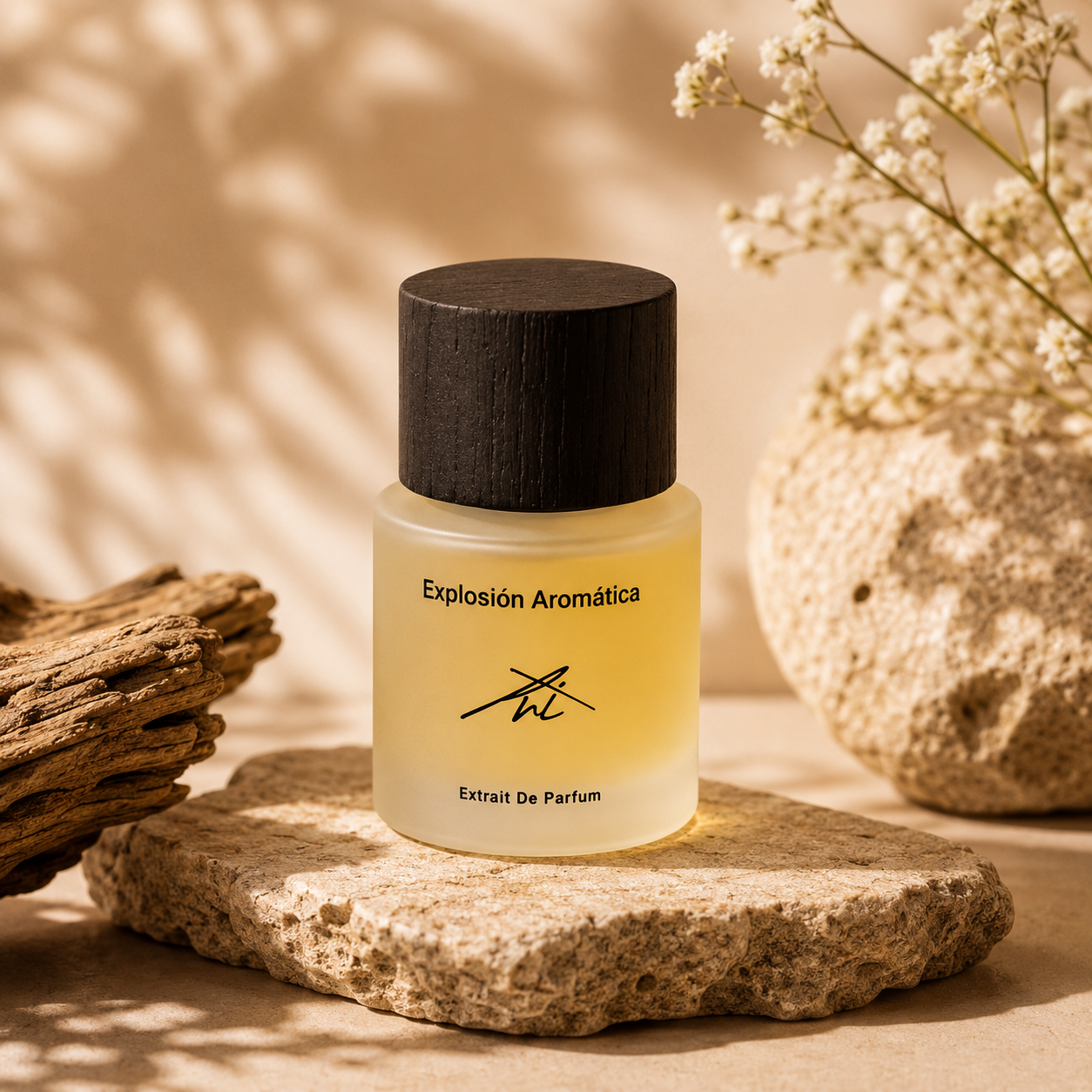 Perfume bottle labeled 'Explosion Aromatica' on a stone surface with natural elements in the background