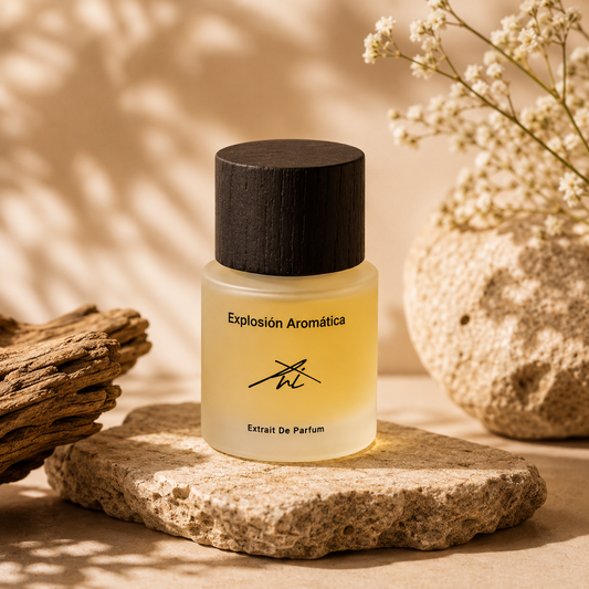 Perfume bottle labeled 'Explosion Aromatica' on a stone surface with natural elements in the background