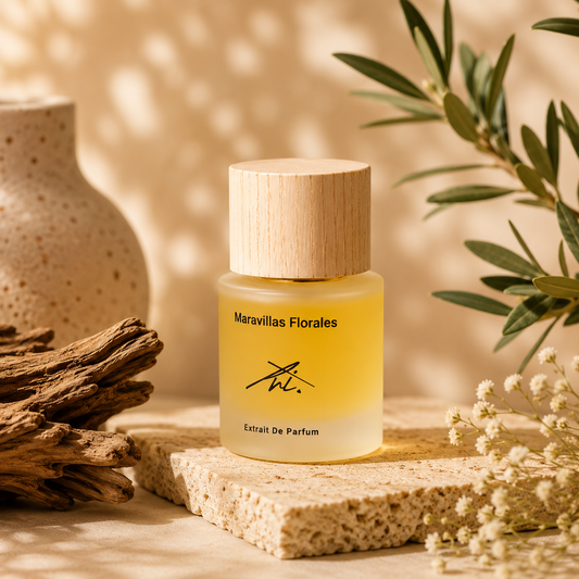 Perfume bottle labeled 'Maravillas Florales' with wooden cap on a stone surface with natural elements.