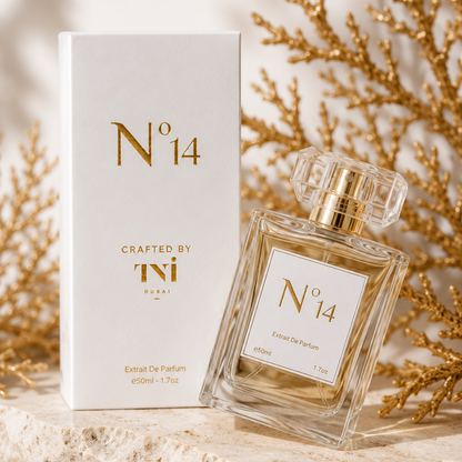 Perfume bottle and packaging labeled 'No 14' by Ti on a neutral background with gold accents.