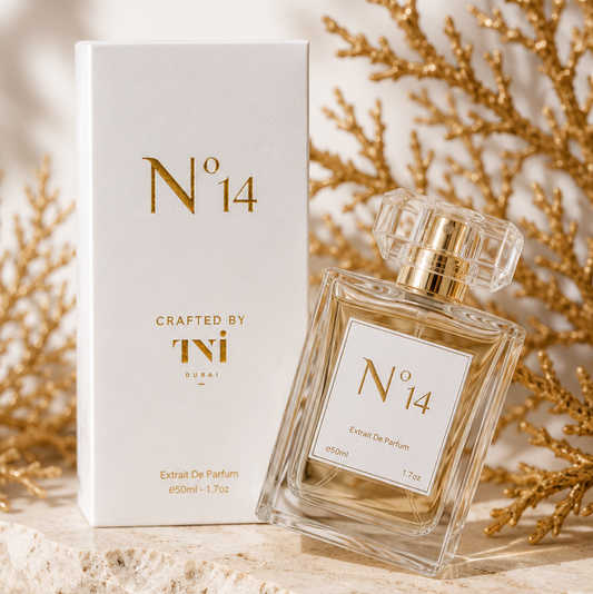 Perfume bottle and packaging labeled 'No 14' by Ti on a neutral background with gold accents.
