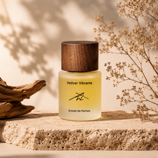 Perfume bottle labeled 'Vetiver Vibrante' with wooden cap on a stone surface with natural elements.